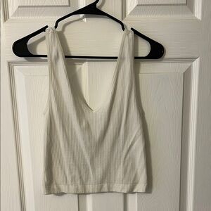 White Ribbed V-Neck Women's Top
